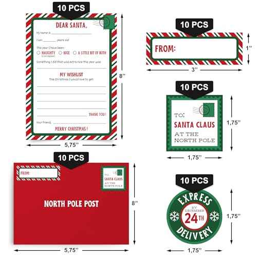 Perfect Occasion Letters To Santa - 10 Pack - Red & Green Kit - Large Double Sided 5.75" x 8" Official Letters To Santa + Envelopes & Stickers - Fill In The Blank Wish List For Kids - Set of 10