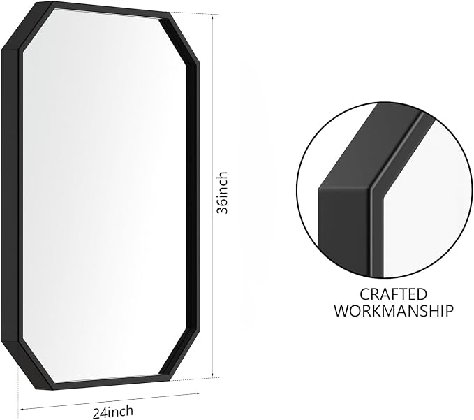 24"x36" Black Octagon Mirror for Bathroom,Black Rectangle Metal Frame Vanity Mirror Wall Mounted Hanging for Bedroom Entryway Living Room Farmhouse Horizontal/Vertical