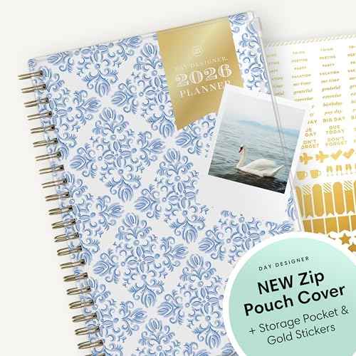 Blue Sky Day Designer 2026 Weekly and Monthly Planner Calendar, January 2026 - December 2026, 5" x 8", Flexible Cover With Zip Pouch, Durable Twin Wire Binding, Storage Pocket, Includes Stickers, Serenity Tile Blue