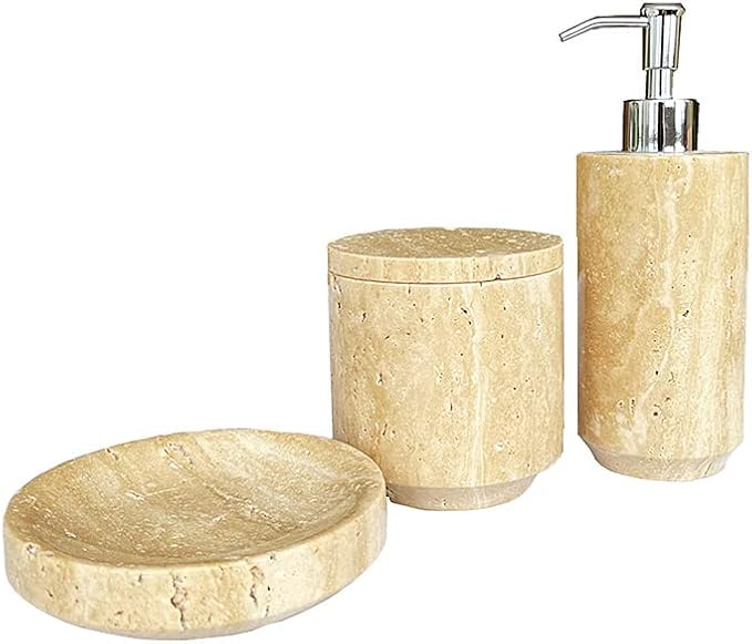 Natural Beige Travertine Refillable Bathroom Liquid Dispenser, Lotions Soap Container (Beige Travertine) (Beige Travertine)