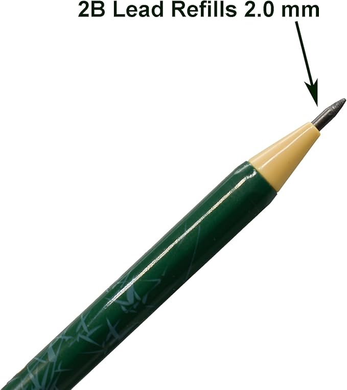 Maydahui 12 PCS Mechanical Pencil with Sharpener Novelty Non Sharpening Automatic Pencil with 12 PCS 2B Lead Refills 2.0 mm Classic Red Green Pole Plastic Simulation Timber for School Writing Drawing