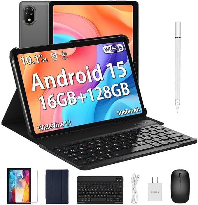 DOOGEE U10(2025) 10 inch Tablet with Keyboard, Android 15 Tablet 16GB+128GB/2TB Expand, 2.0GHz Quad Core Gaming Tablets,5060mAh,1280x800 IPS HD Touchscreen,WiFi 6,Dual Camera,BT5.0,Widevine L1,Gray