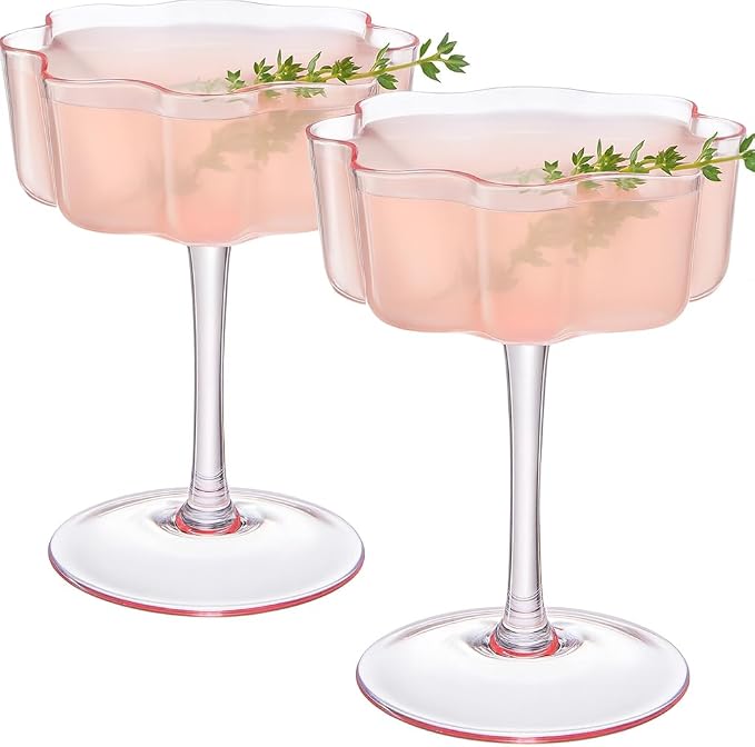 Khen Flower Vintage Wavy Petals Wave Glass Coupes 7oz Colorful Martini, Champagne & Cocktails - 2 Set - Rippled & Champagne Glasses, Bar Glassware Copyright Design (Pink)