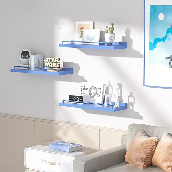RYOFOBETTO Blue Floating Shelves, Room Decor Shelves,Pink Kawaii Room Decor Wall Shelves for Living Room, Bedroom, Picture Frames, Plants, Kitchen, Set of 3 (Blue)