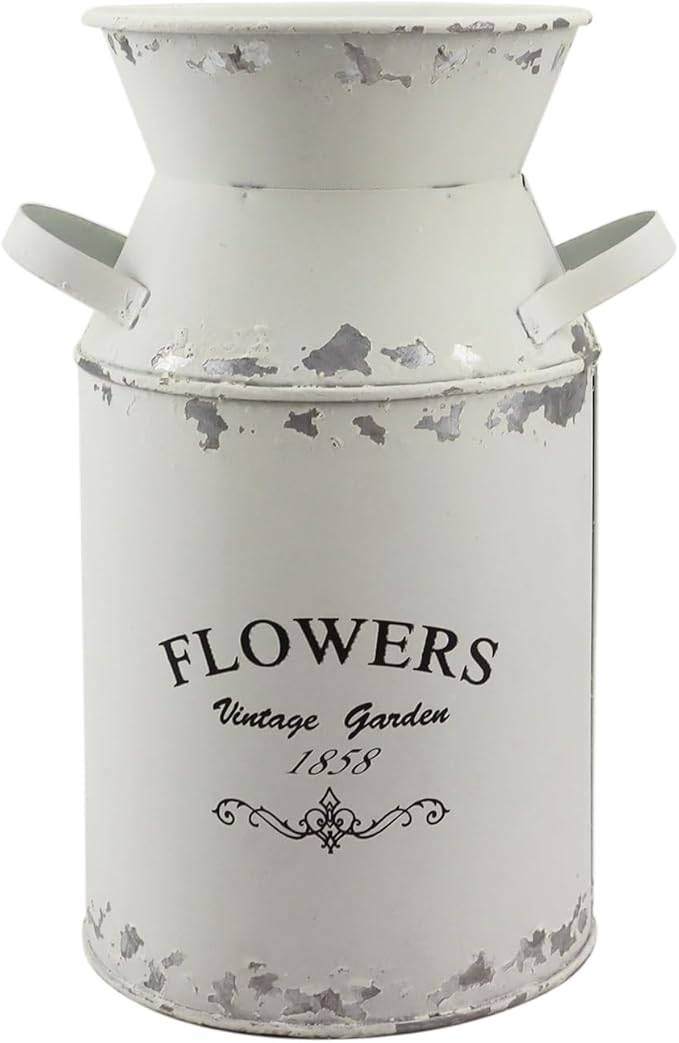Galvanized White Milk Can Antique Retro Vase Metal Planter Rustic Vintage Primitive Flower Holder Farmhouse Country Plant for Home Office Decor, 7.5”