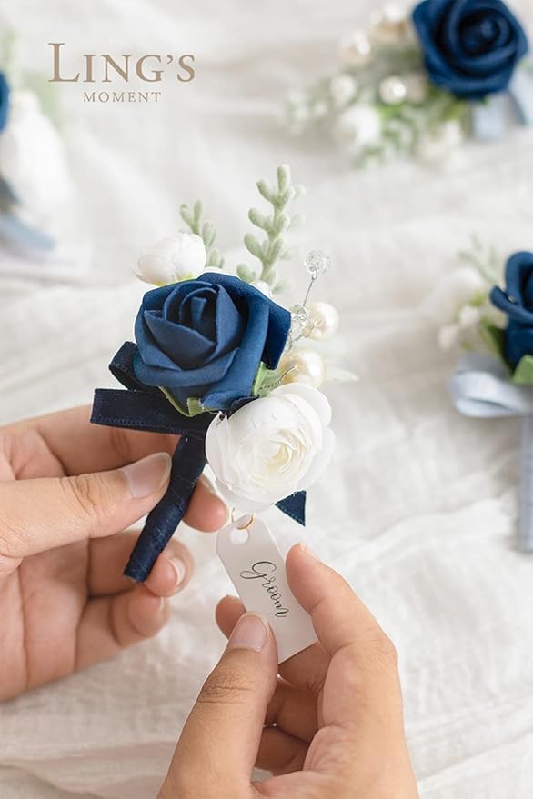 Ling's moment Artificial Rose Buds and Petite Roses w/Stem Pack of 24 for DIY Wedding Bouquets Centerpieces Decorations Boutonniere Corsages (Navy Blue)