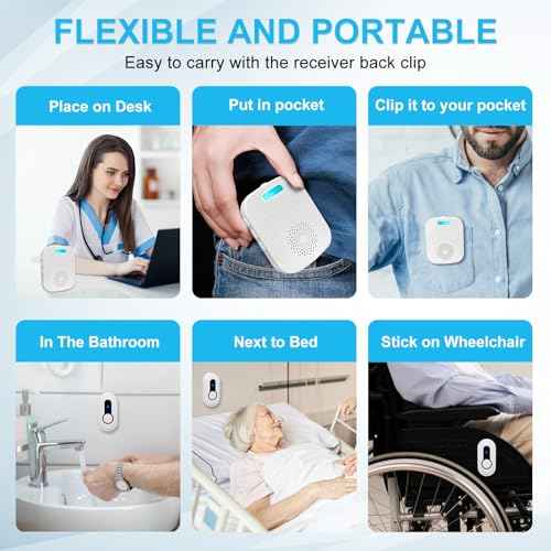 Caregiver Call Button Beeper Pager System Rechargeable & Portable Receiver with 500Ft Range Alert Button Call Bell for Elderly/Patient/Disabled at Home/Hospital/Clinic