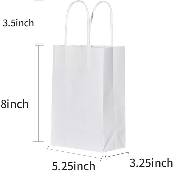 bagmad 100 Pack Sturdy Small White Kraft Paper Bags with Handles Bulk, Gift Bags 5.25x3.25x8 Inch, Craft Grocery Shopping Retail Party Favors Wedding Business Sacks (White, 100pcs)