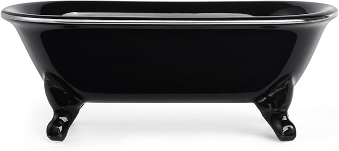 6.5" Ceramic Mini Decorative Clawfoot Bathtub Bar Soap Dish, Kitchen Sponge Holder and Shower Tray for Bathroom, 1 Pack (Black Silver Rim)