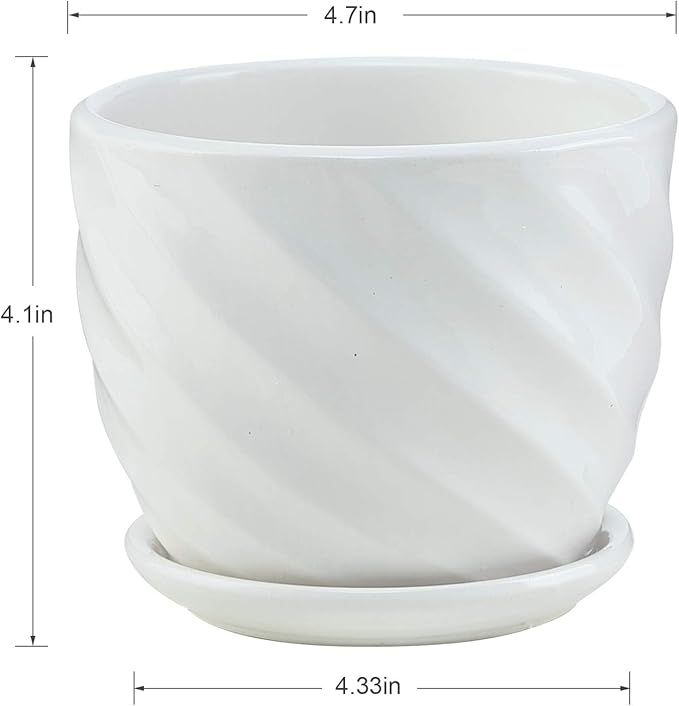 sietpoek Plant Pots - 4.7 Inch Cylinder Ceramic Planters with Connected Saucer, Pots for Succuelnt and Little Snake Plants, Set of 4, White