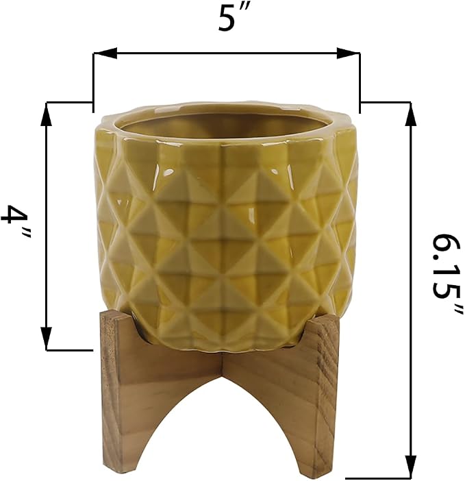 Flora Bunda 5" GL Mustard Ceramic DIMPLE on Wood Stand