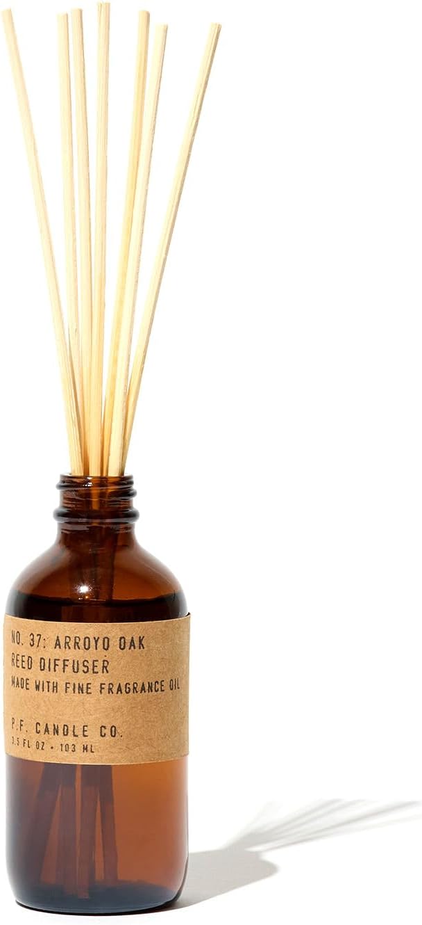 P.F. Candle Co. Arroyo Oak Classic Scented Rattan Reed Diffuser (3.5 fl oz) Amber Glass Jar, Fine Fragrance Oil, Flame-Free Fragrance, Made in The U.S.A.
