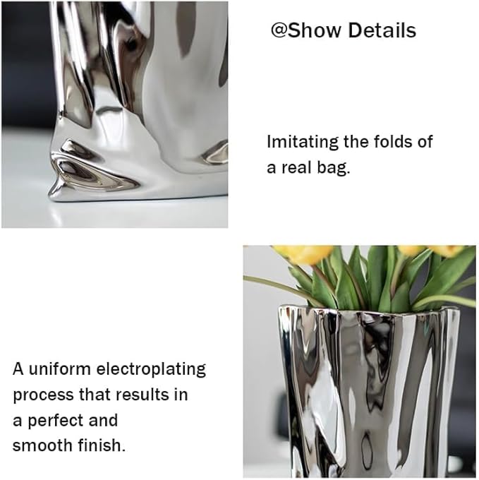 Ceramic Silver Flower Vase, Crinkle Paper Shape, Metal Decorative Home Accent (Large)