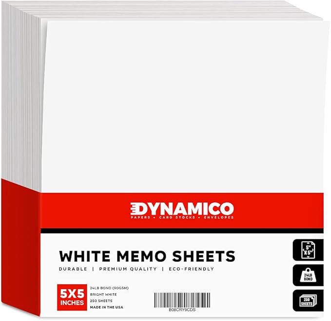 White Memo Sheets Paper – Perfect for Quick Notes, To-Do Lists and Reminders for School, Office and Business | 5 x 5 Inches | 24lb Bond (90gsm) Paper | 250 Sheets per Pack