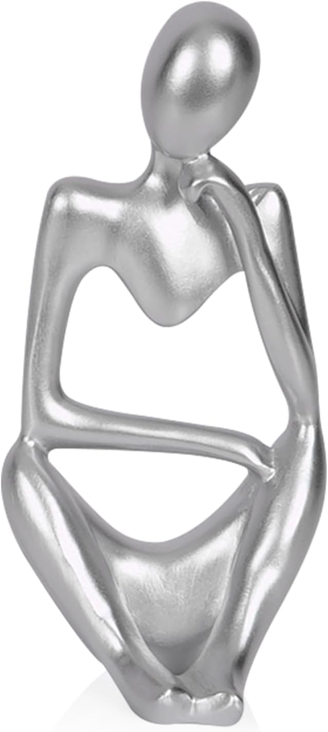 Sandstone Resin Thinker Style Abstract Sculpture Statue Collectible Figurines Home Office Bookshelf Desktop Decor (Small Silver, Right)