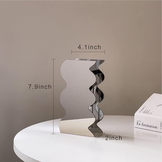 Modern Wavy Acrylic Flower Vase, Mirror Effect Design, Silver, Decorative Home Office Centerpiece, 7.9x4.1x2 Inch