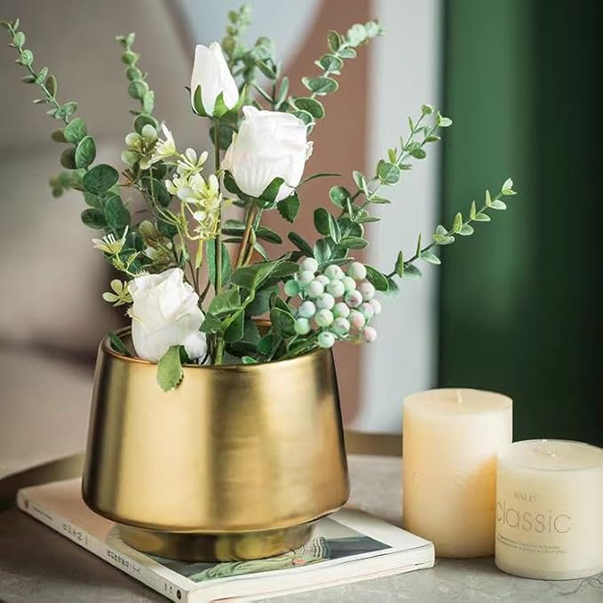 Gold Indoor Plant Pot 7 Inch Large Ceramic Planter With Drainage Hole - Modern Brass Flower Pot Centerpiece Vase - Decorative Greenery Potted for Indoor Plants