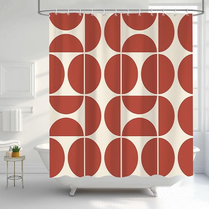 Red Brown Mid Century Modern Shower Curtain, Boho Abstract Geometric Retro Art Shower Curtains for Bathroom, Colorful Unique Pattern Polyester Fabric Shower Curtain Set 12 Hooks 72X72IN