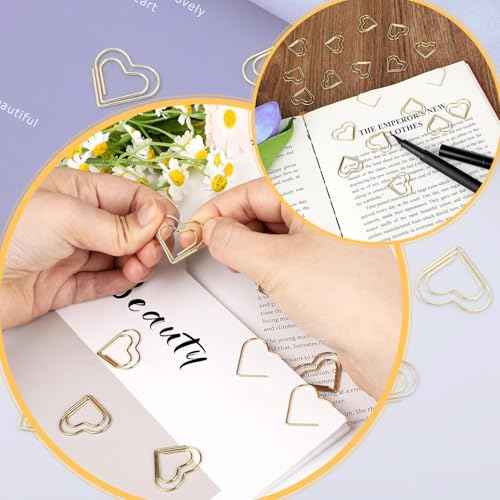 Cute Metal Heart Paper Clips: Love Shape Gold Binder Paperclips Mini Bookmark 100Pcs Document Note Sorting Organizer for Wedding Decorative Office Supplies