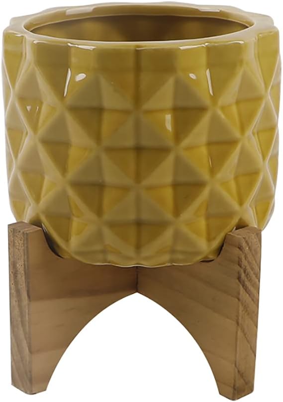 Flora Bunda 5" GL Mustard Ceramic DIMPLE on Wood Stand