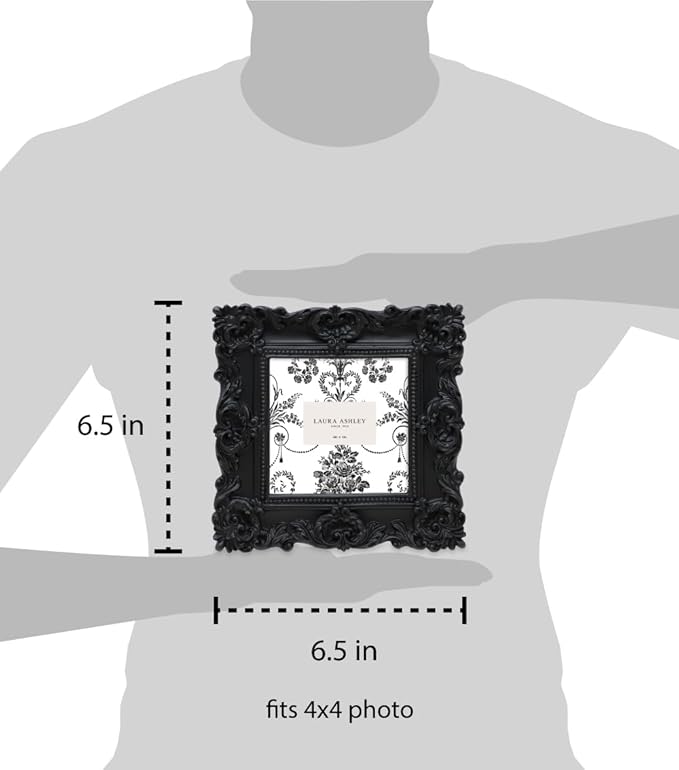 Laura Ashley 4x4 Black Ornate Textured Hand-Crafted Resin Picture Frame with Easel & Hook for Tabletop & Wall Display, Decorative Floral Design Home Décor, Photo Gallery, Art, More (4x4, Black)