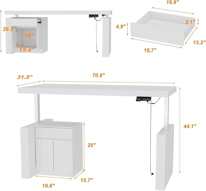 MOUMON 70.9” Electric Standing Desk with Drawer, Height Adjustable Executive Computer Desk with File Storage for Home Office, Sit Stand Desks, White, 70.9”W x 31.5”D x 29.5”-44.1”H