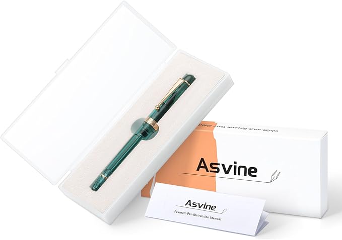 Asvine V126 Vacuum Filling Fountain Pen, Transparent Teal Acrylic Stub Nib 1.1mm Calligraphy Art Drawing with Case Set