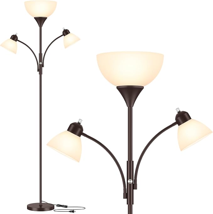 Coucrek Floor Lamp for Living Room,72" Dimmable Torchiere Lamp with 2 Reading Lights for Bedroom, Brown Tall Standing Room Lamp, 3 Bulbs Included