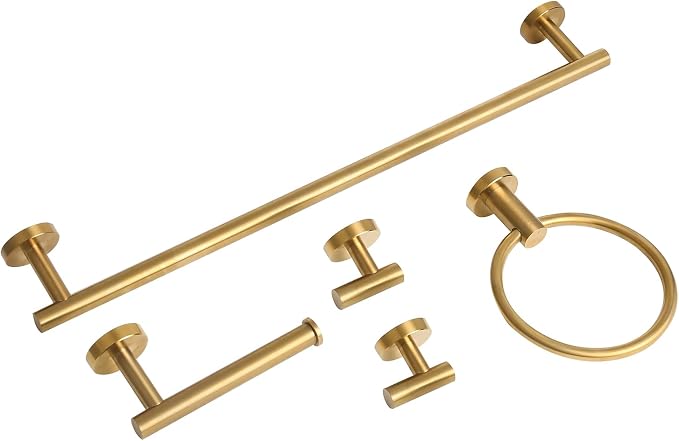 Brushed Gold Bathroom Hardware Accessories Set 5 Piece, Stainless Steel Bath Towel Bar Set 24 Inch,Toilet Paper Holder,Towel Ring Holder,Towel Rack Set,Gold Bathroom Accessories Kit