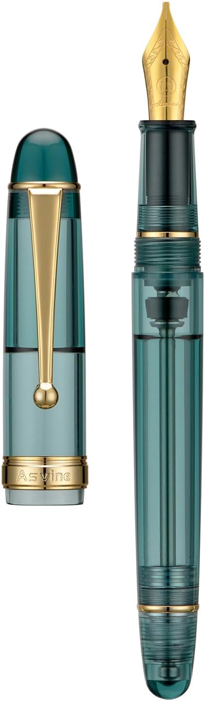Asvine V126 Vacuum Filling Fountain Pen, Transparent Teal Acrylic Stub Nib 1.1mm Calligraphy Art Drawing with Case Set