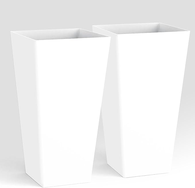 Worth Garden 20" Tall Planters Set of 2 – Large White Tapered Plastic Flower Pots for Indoor & Outdoor Use – Modern Plant Containers with Drainage Holes – Ideal for Front Porch, Patio, Balcony