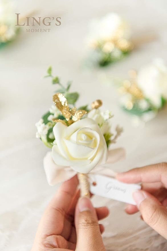 Ling's moment Artificial Wedding Flowers 1.5" Rose Buds and 2" Petite Roses 25pcs Ivory w/Stem for DIY Wedding Boutonniere Wrist Corsages Bouquets Centerpieces Arrangements
