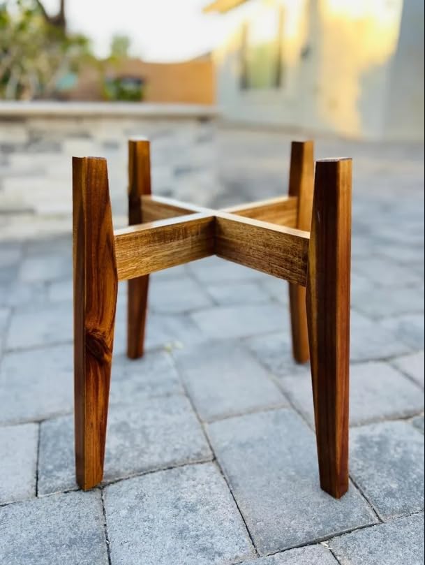 Mid Century Modern Acacia Wood Plant Stand for Indoor Plants, Adjustable Solid Wood Pot Holder Fits Up to 11 Inch Pots