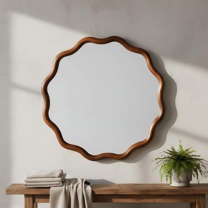 Elountik 36 Inch Wavy Round Solid Wood Frame Mirror with Black Walnut Finish, Decorative Wall Mirror for Living Room, Bathroom, Bedroom or Entryway
