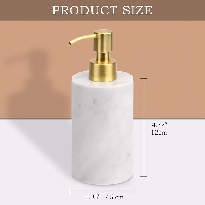 Natural Marble Soap Dispenser for Bathroom and Kitchen Countertop - 5.41 Ounces Hand Lotion and Liquid Stone Shampoo Laundry Bottle with Pump (1, Carrara White, Cylindrical Bottle)