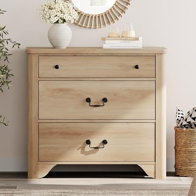 WAMPAT 3 Drawer Dresser for Bedroom, 31.5" Farmhouse Dresser, Kids Dressers for Nursery with Wide Chest of Drawers for Bedroom, Living Room, Oak