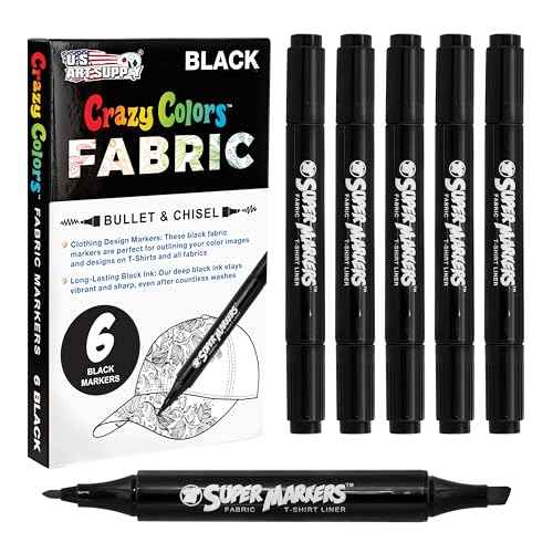 U.S. Art Supply Super Markers Black Dual Tip Fabric Markers Permanent for Clothes - Set of 6 Fabric Pens with Permanent Ink, Double-Ended with Chisel Point and Fine Point Tips