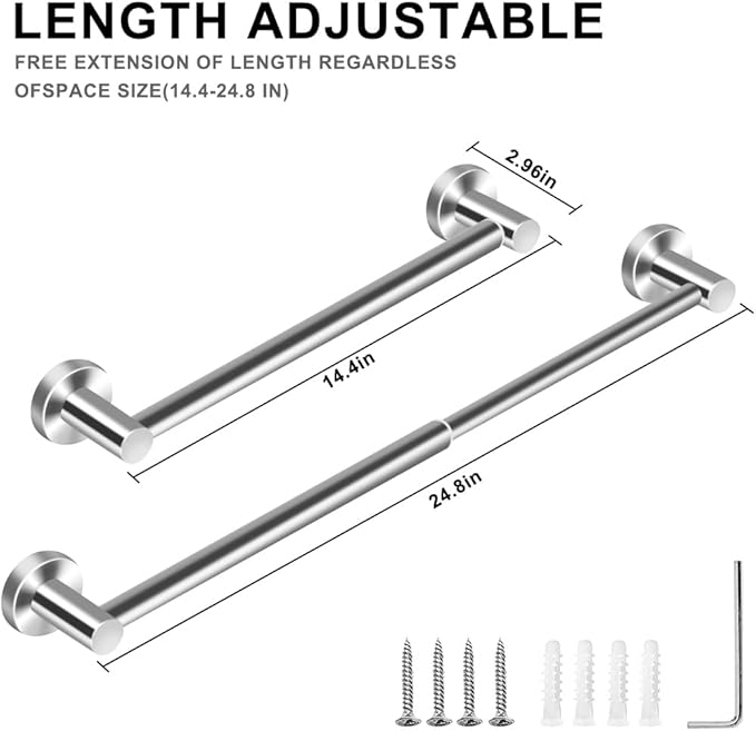 MGahyi Towel Racks for Bathroom-Adjustable Towel Holder(13.18inch-24inch) Sturdy and Rustproof Towel Bar Wall Mounted, Single Towel Bar Rod for Bathroom Accessories(1Pack,Silver)