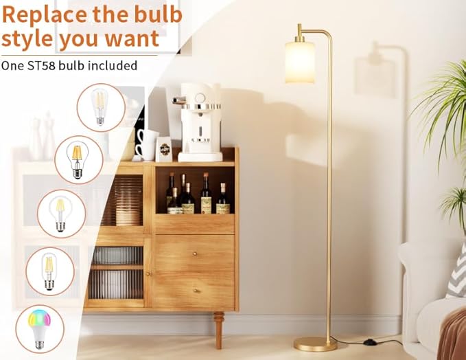 Ziisee Floor Lamps for Living Room - Industrial Standing Lamp with Frosted White Glass Shade, Modern Gold Floor Lamp with LED Bulbs, Farmhouse Floor Lamp for Bedroom, Tall Lamp for Office - Gold