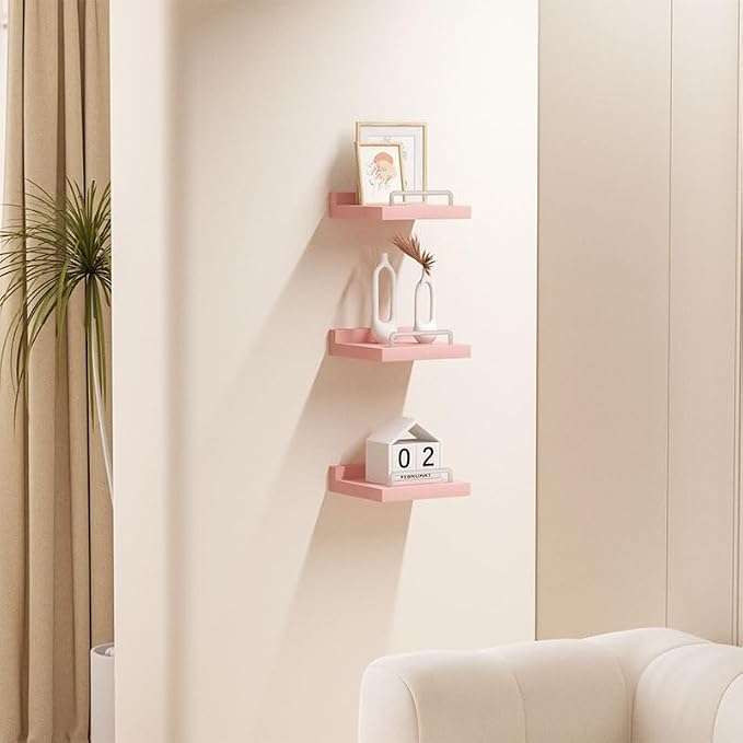 RYOFOBETTO Small Floating Shelf, 6X6 Inches Farmhouse Wall Shelves for Living Room, Bedroom, Picture Frames, Plants, Kitchen, Set of 3 (Pink and White)