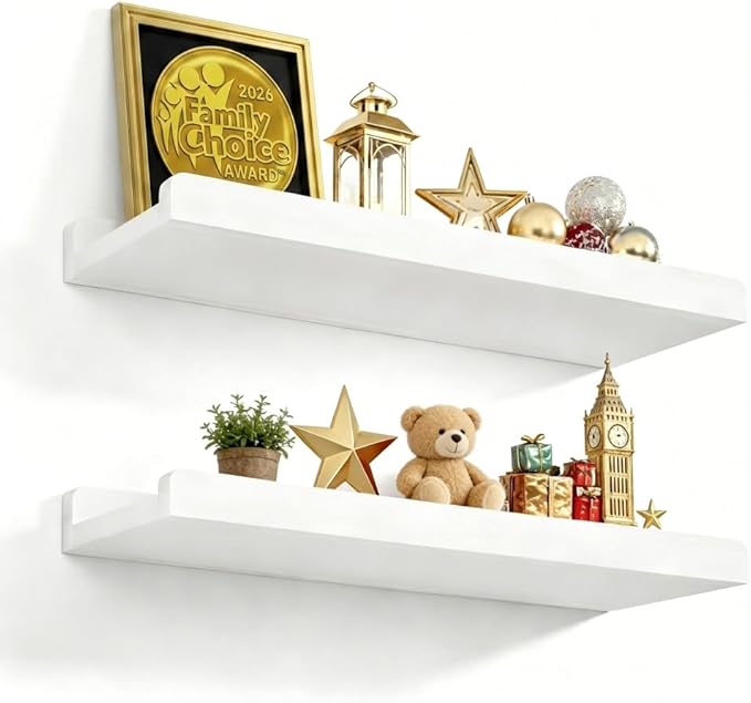 Love-KANKEI Floating Shelves Wall Mounted Set of 2, 17 Inch Rustic Wood Wall Shelves for Storage, Bedroom Living Room Bathroom Kitchen Office and More White