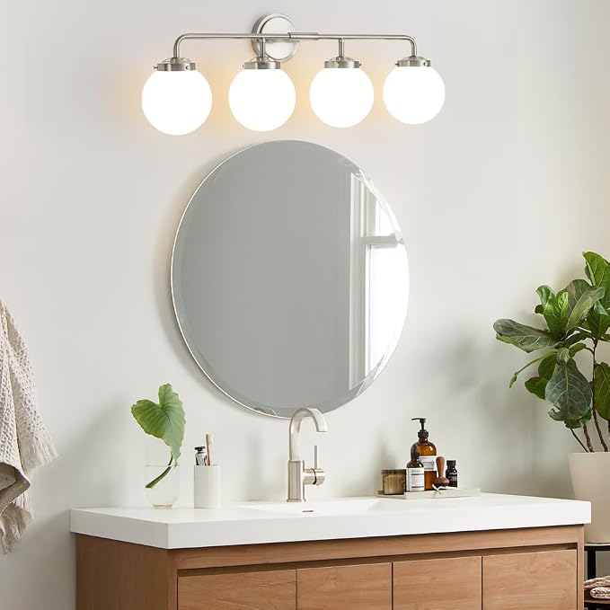 Bathroom Light Fixtures Over Mirror, Brushed Nickel Modern Vanity Lighting with Milk White Glass Globe Shades 4-Light Farmhouse Wall Sconce