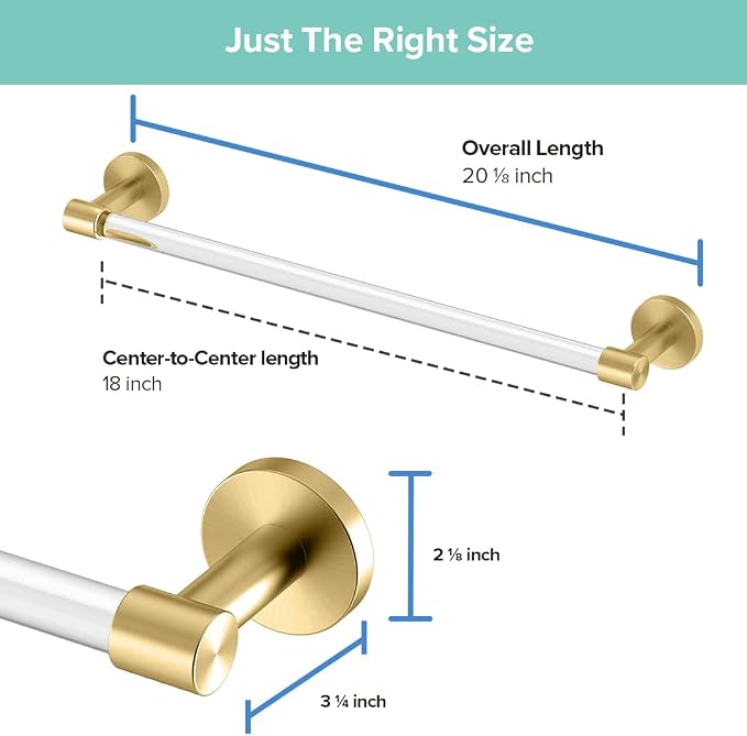 Gatco 5731 Clarion Towel Bar | 18" L Bathroom Towel Rack, Wall Mount Bathroom Towel Holder | Crystal-Clear Acrylic & Brushed Brass Finish