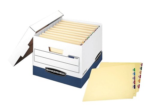 Bankers Box Heavy-Duty File Storage Boxes - 12 Pack with FastFold Lift-Off Lid | White/Blue
