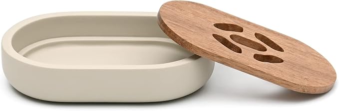 Bathroom Accessories Set 3 Piece Bath Ensemble Includes Soap Dispenser, Tumbler, Dish for Decorative Countertop & Housewarming Gift (Concrete with Acacia Wood)