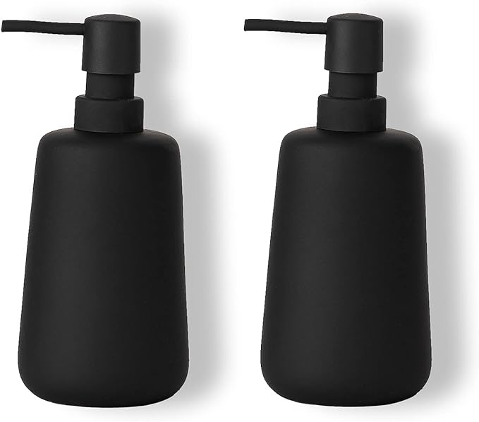 2 Pack Soft Touch Rubber Coating Matte Black Ceramic Soap Dispenser, 13 oz Refillable Pump Bottle for Bathroom or Kitchen Countertop, Non-Slip and Comfort Grip