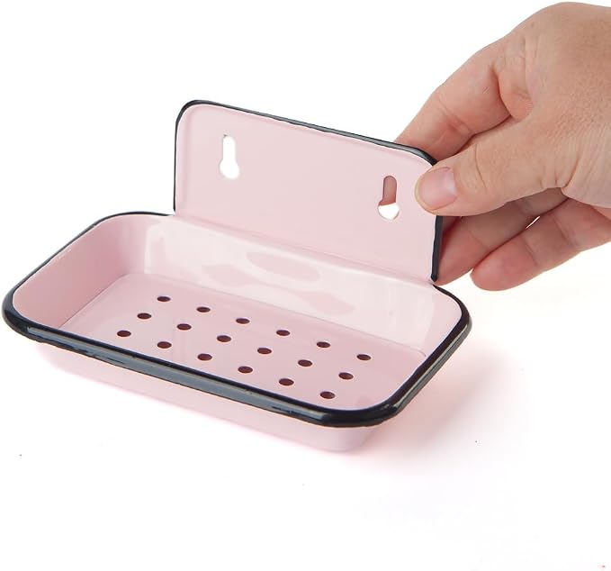 Enamel Soap Dish, Pink Wall Mount with Drip Tray- 5.5 x 4 inch - Vintage Farmhouse Style (Pink Wall Mount)