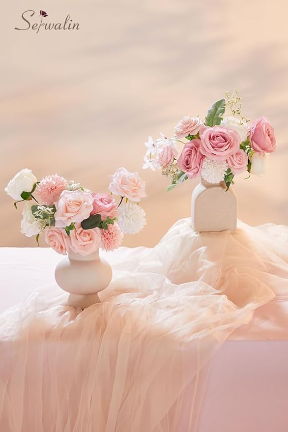 Serwalin 2 Pcs Artificial Flowers Fake Flowers for DIY Wedding Bouquets Cake Flowers Decoration Mixed Roses Combo Blush Pink and White Flower Centerpieces Arrangements for Home Party Decor