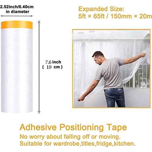 Painters Plastic With Tape, Pre-Taped Masking Film, 4 Rolls Automotive Best Tape and Drape, Paint Adhesive Protective Film Roll for Covering Skirting, Frames, Cars and Auto Body (5 X 65-Feet)