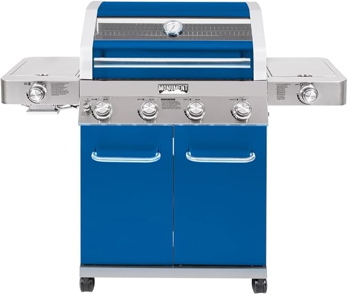 Monument Grills Stainless Steel 4 Burner Propane Gas Grill with Clearview® Lid, Infrared Side Sear Burner & Side Burner